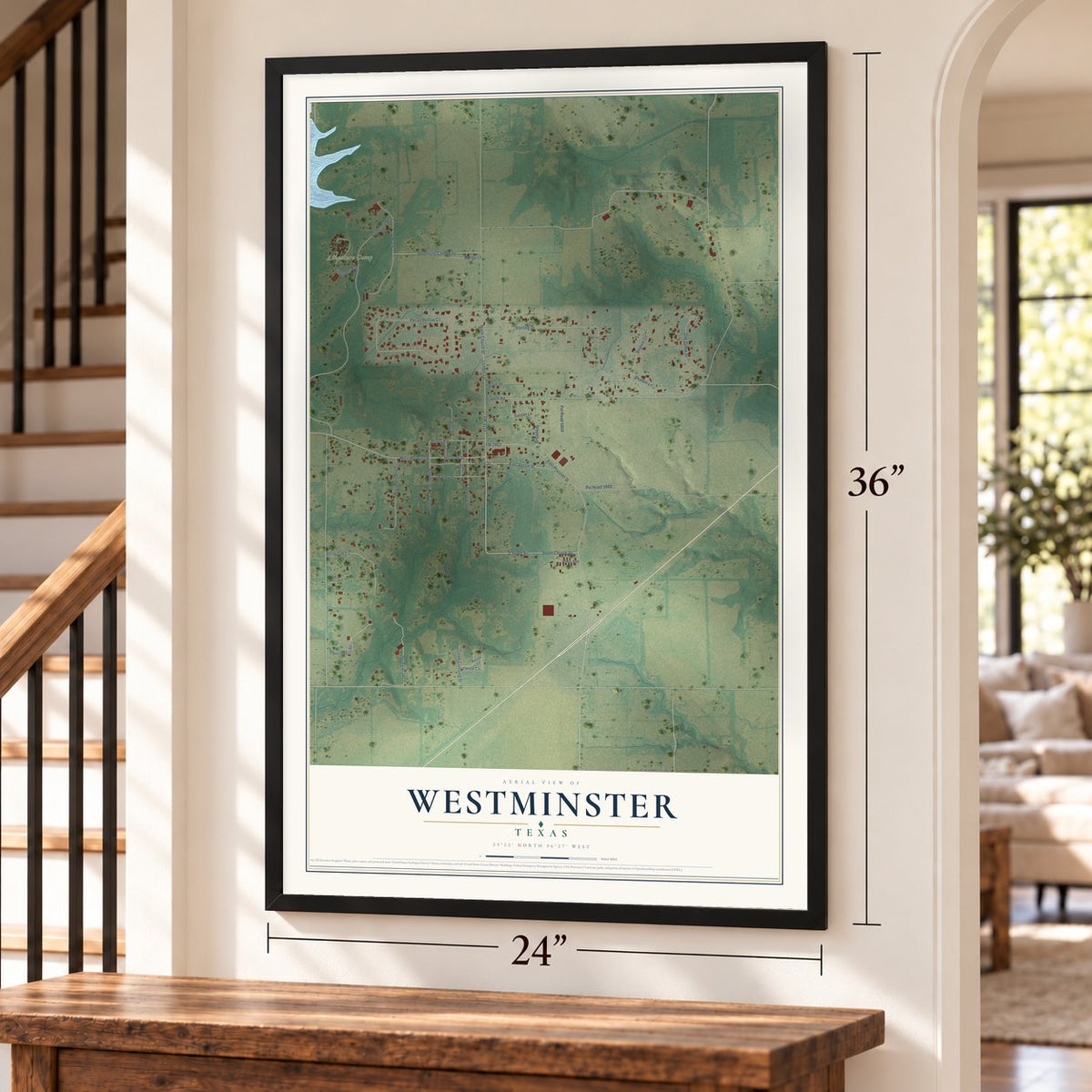 Westminster, Texas map, 24 x 36 inch print in a black frame by a staircase