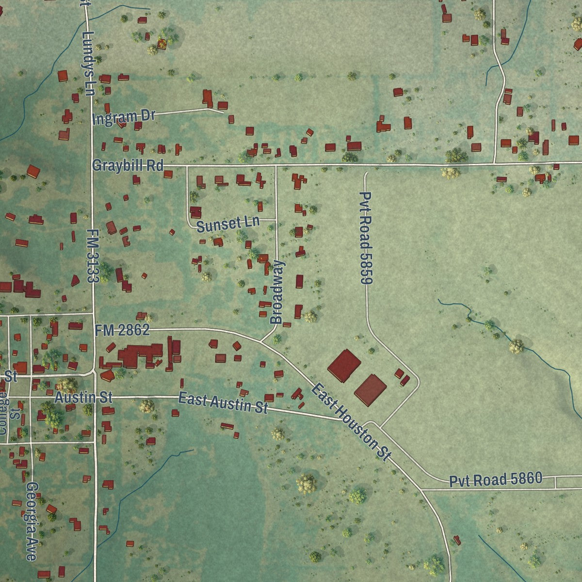 Close-up of the map of Westminster, Texas print showing street and building detail