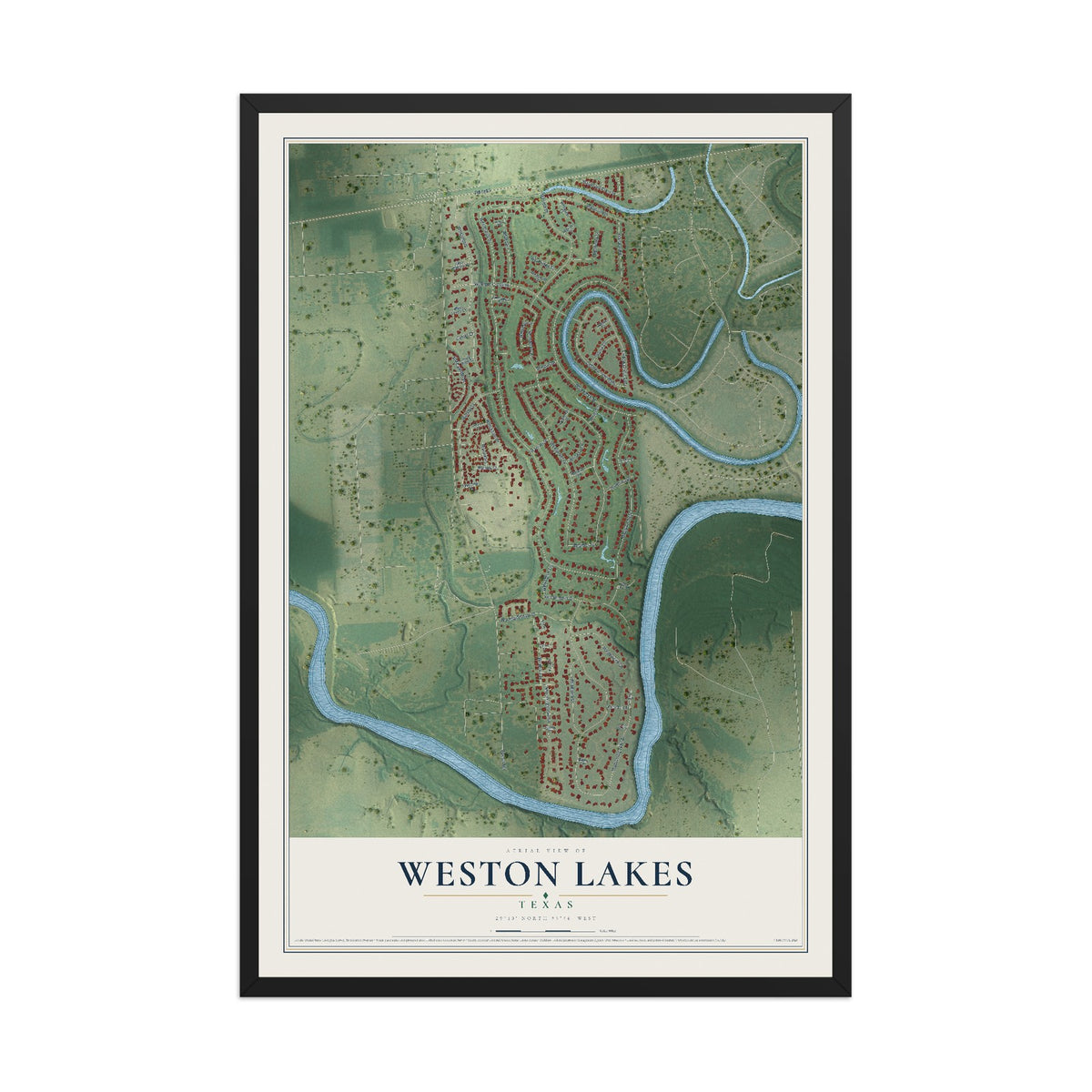 Map of Weston Lakes, Texas, 12 x 18 inch print in a black wood frame