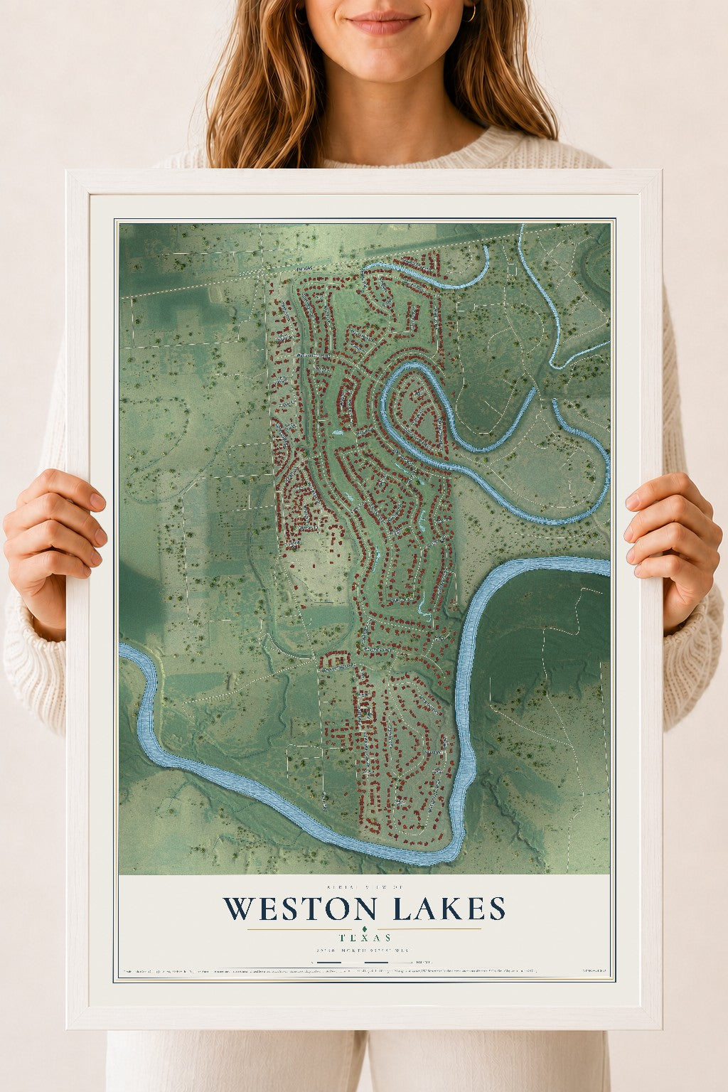 Map of Weston Lakes, Texas, 18 x 24 inch print in a white wood frame