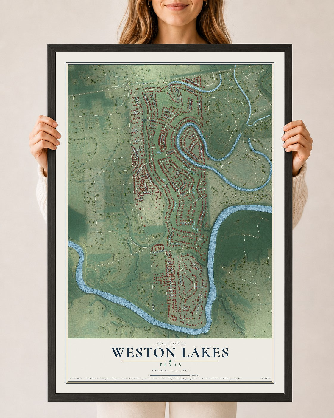 Map of Weston Lakes, Texas, 24 x 36 inch print in a black wood frame