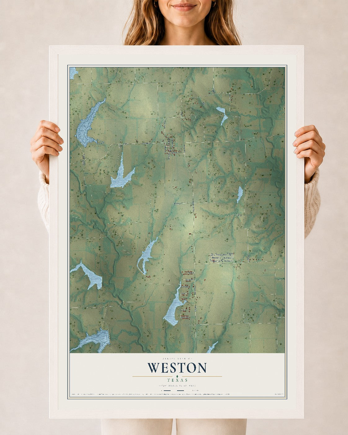 Map of Weston, Texas, 24 x 36 inch print in a white wood frame