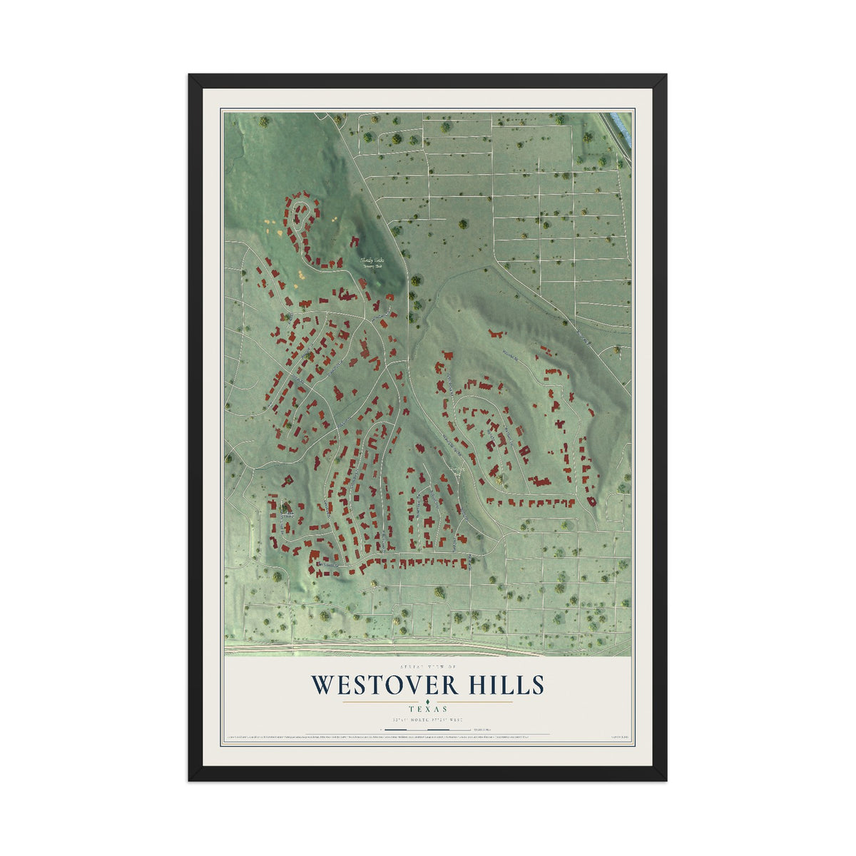 Map of Westover Hills, Texas, 12 x 18 inch print in a black wood frame