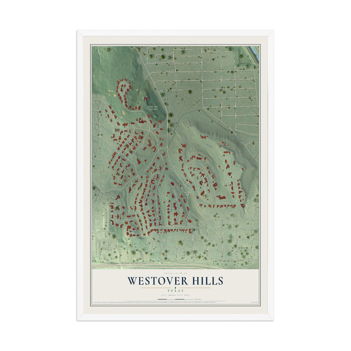 Map of Westover Hills, Texas, 12 x 18 inch print in a white wood frame