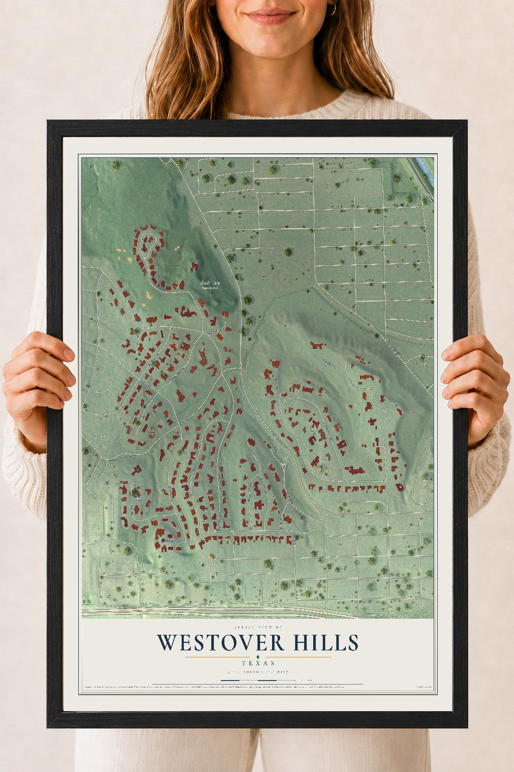 Map of Westover Hills, Texas, 18 x 24 inch print in a black wood frame