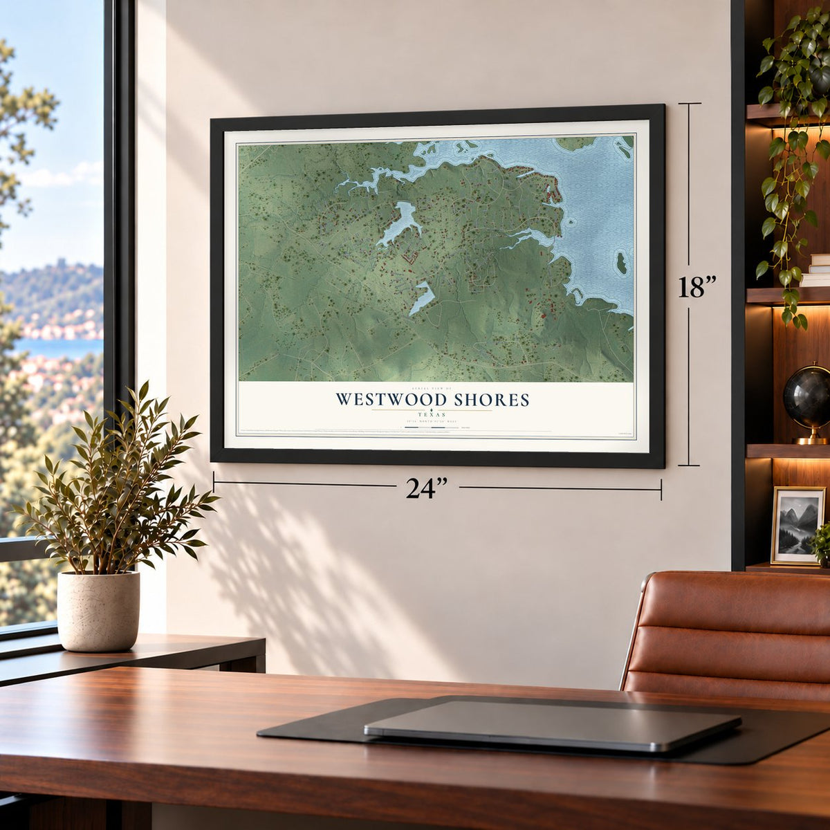 Westwood Shores, Texas map, 18 x 24 inch print in a black frame in a home office