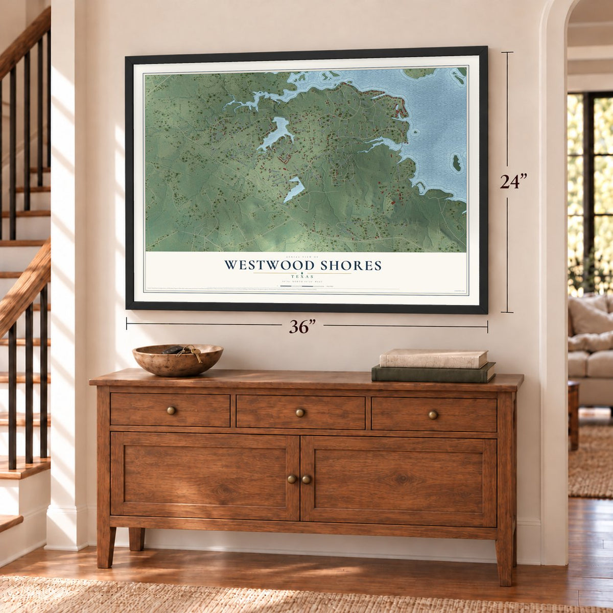 Westwood Shores, Texas map, 24 x 36 inch print in a black frame above a dresser by a staircase