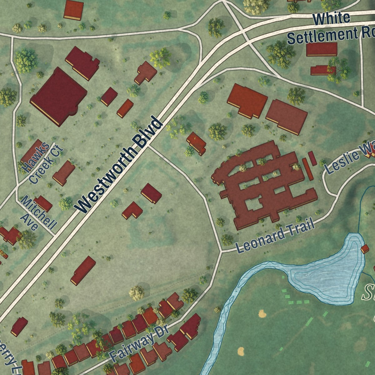 Second close-up of the map of Westworth Village, Texas print showing more streets and buildings