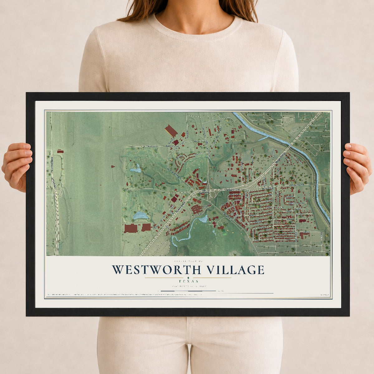 Map of Westworth Village, Texas, 12 x 18 inch print in a black wood frame