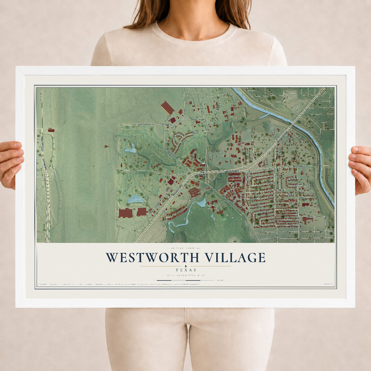 Map of Westworth Village, Texas, 18 x 24 inch print in a white wood frame
