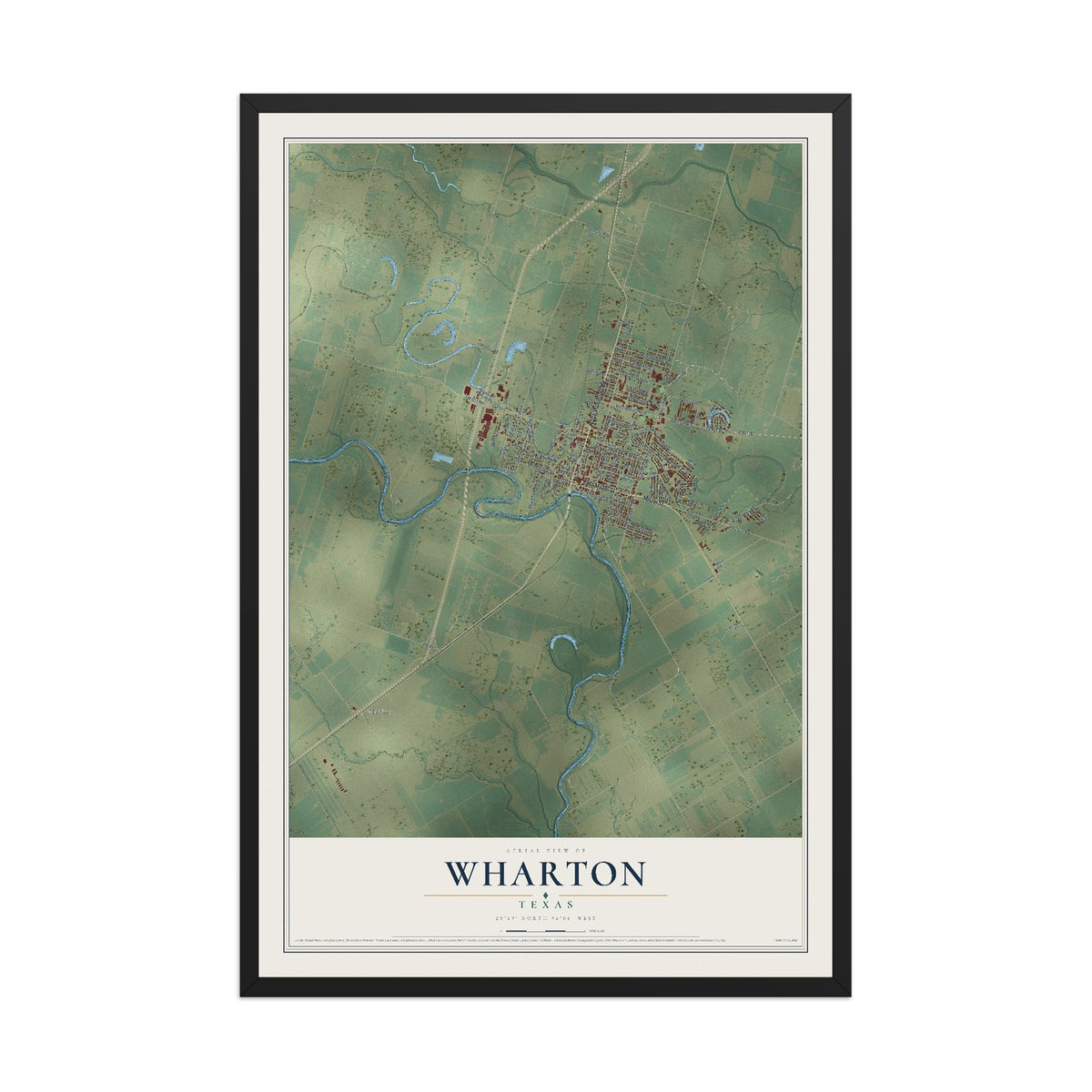 Map of Wharton, Texas, 12 x 18 inch print in a black wood frame