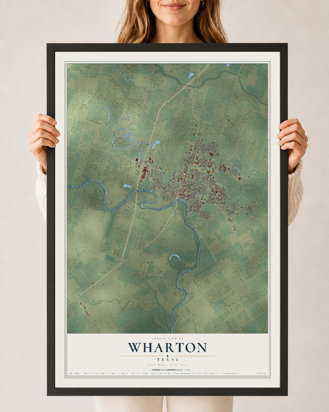 Map of Wharton, Texas, 24 x 36 inch print in a black wood frame