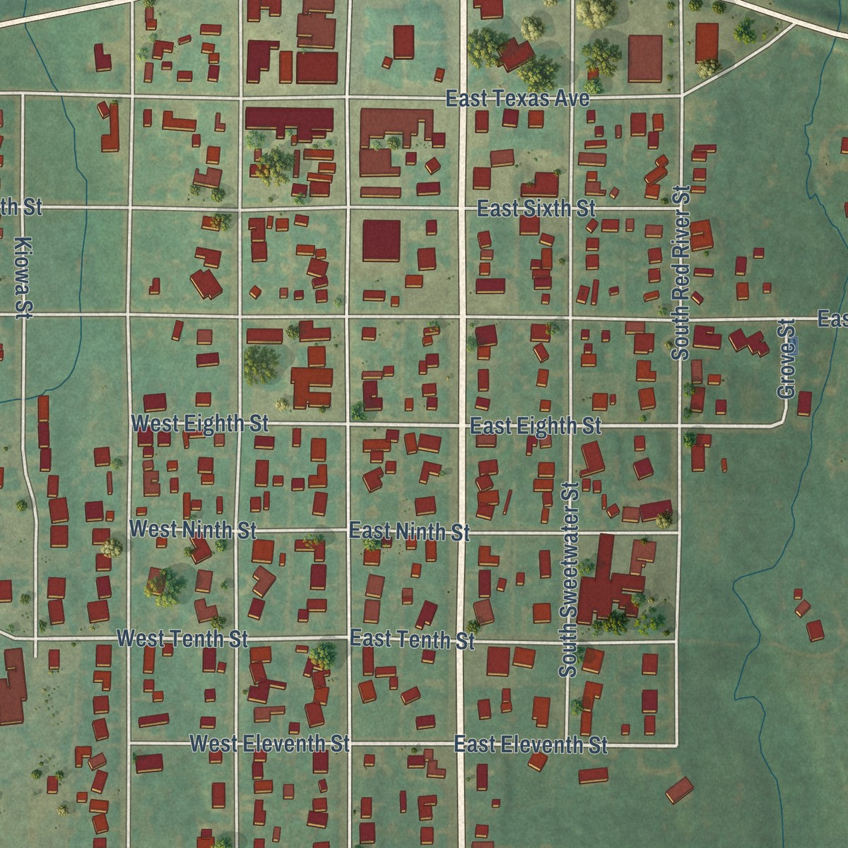 Close-up of the map of Wheeler, Texas print showing street and building detail