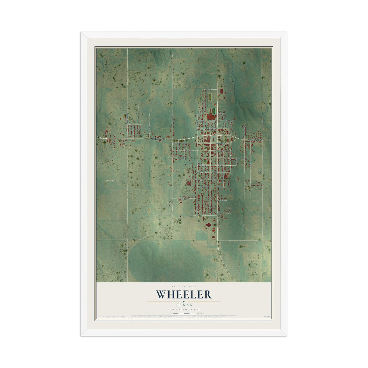 Map of Wheeler, Texas, 12 x 18 inch print in a white wood frame