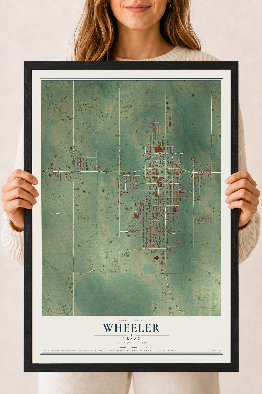 Map of Wheeler, Texas, 18 x 24 inch print in a black wood frame