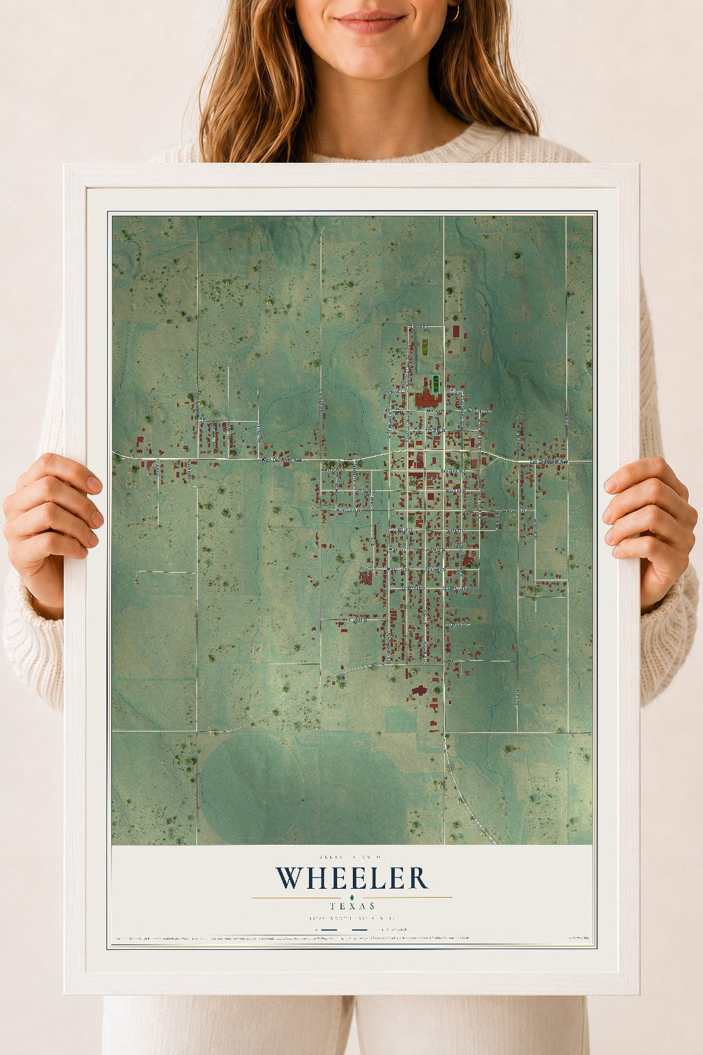 Map of Wheeler, Texas, 18 x 24 inch print in a white wood frame