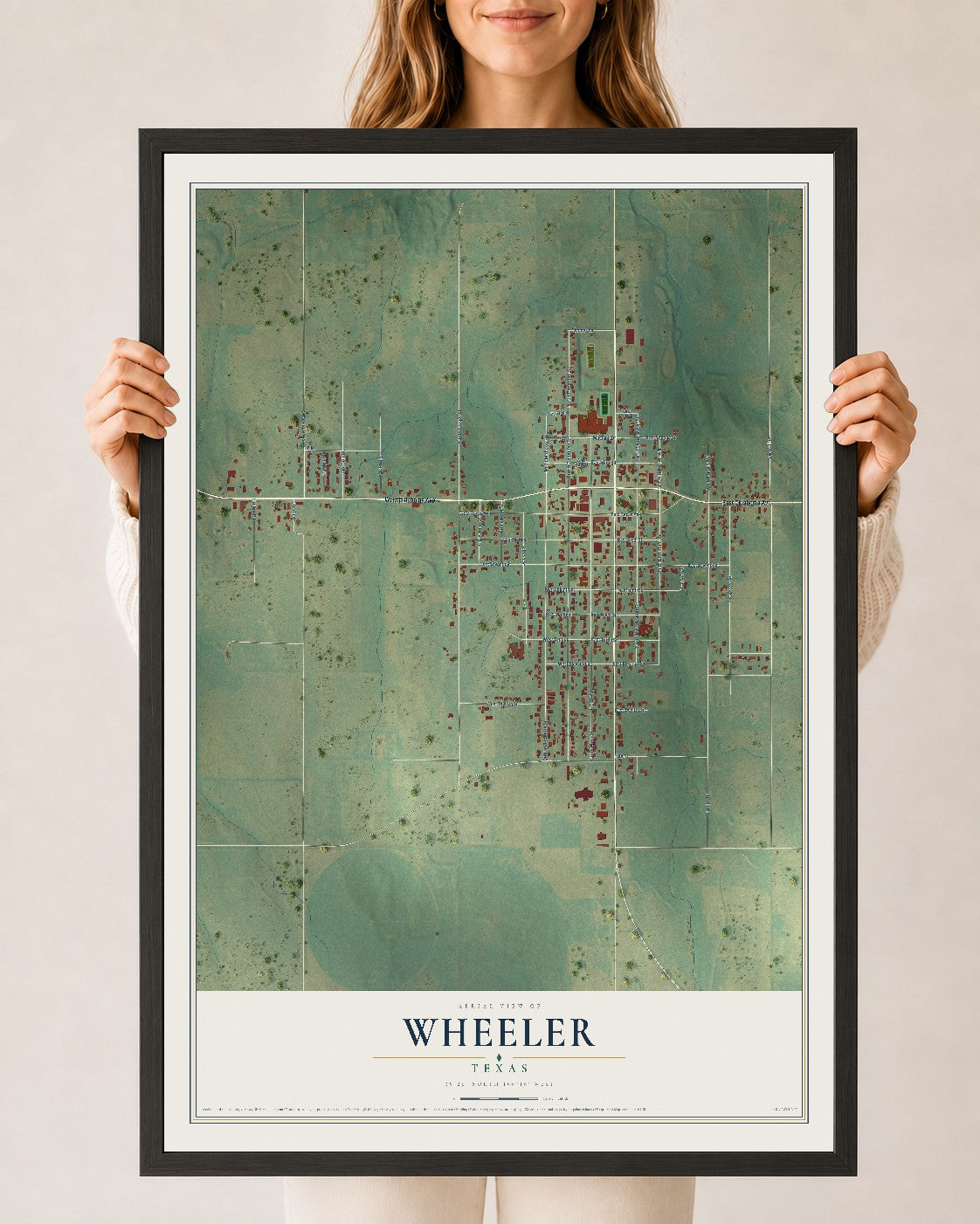 Map of Wheeler, Texas, 24 x 36 inch print in a black wood frame