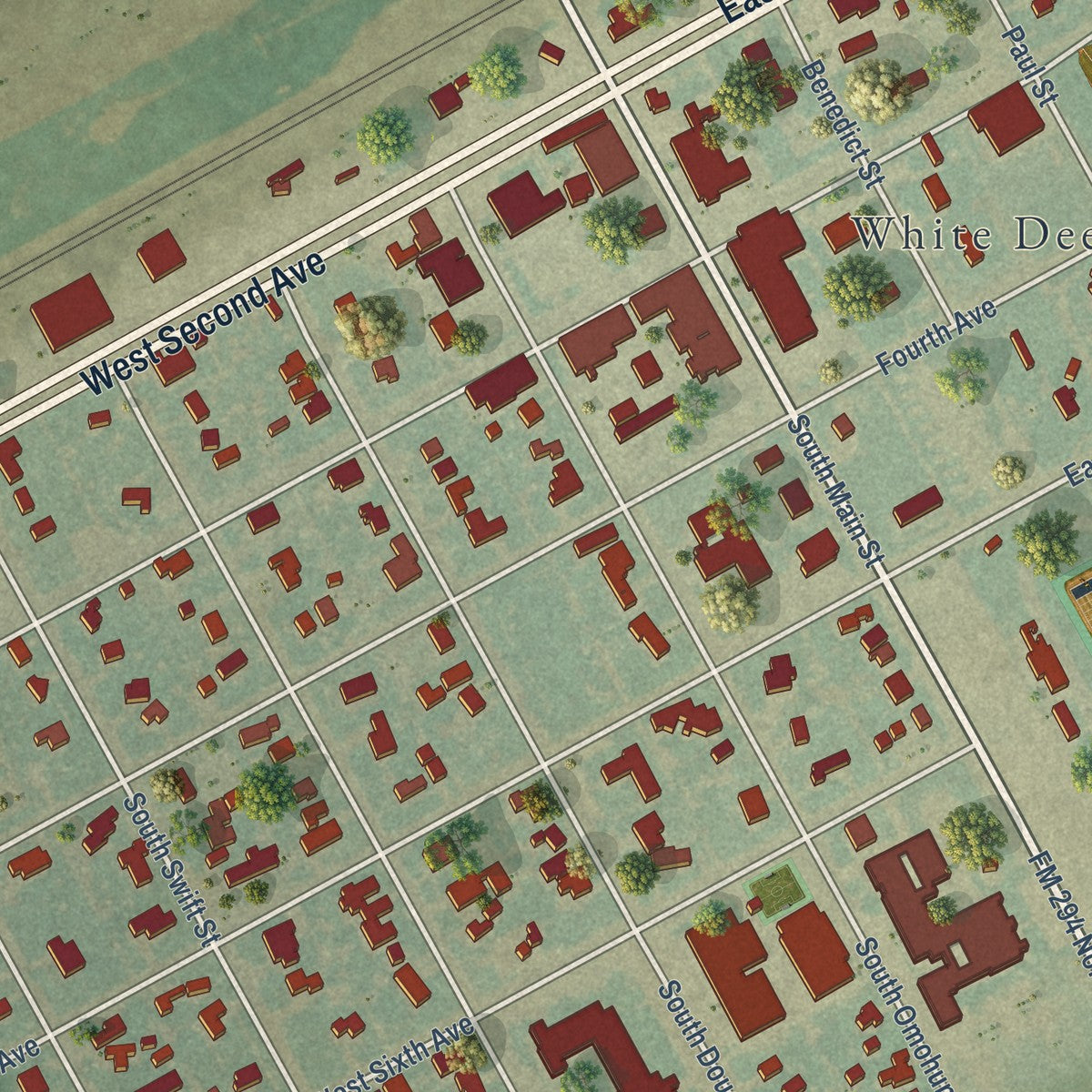 Close-up of the map of White Deer, Texas print showing street and building detail