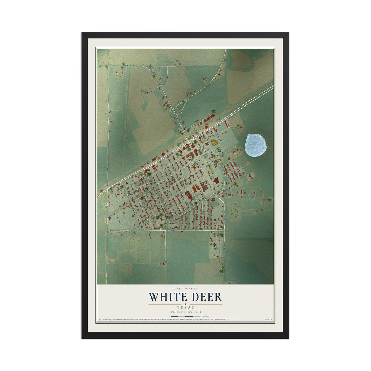 Map of White Deer, Texas, 12 x 18 inch print in a black wood frame
