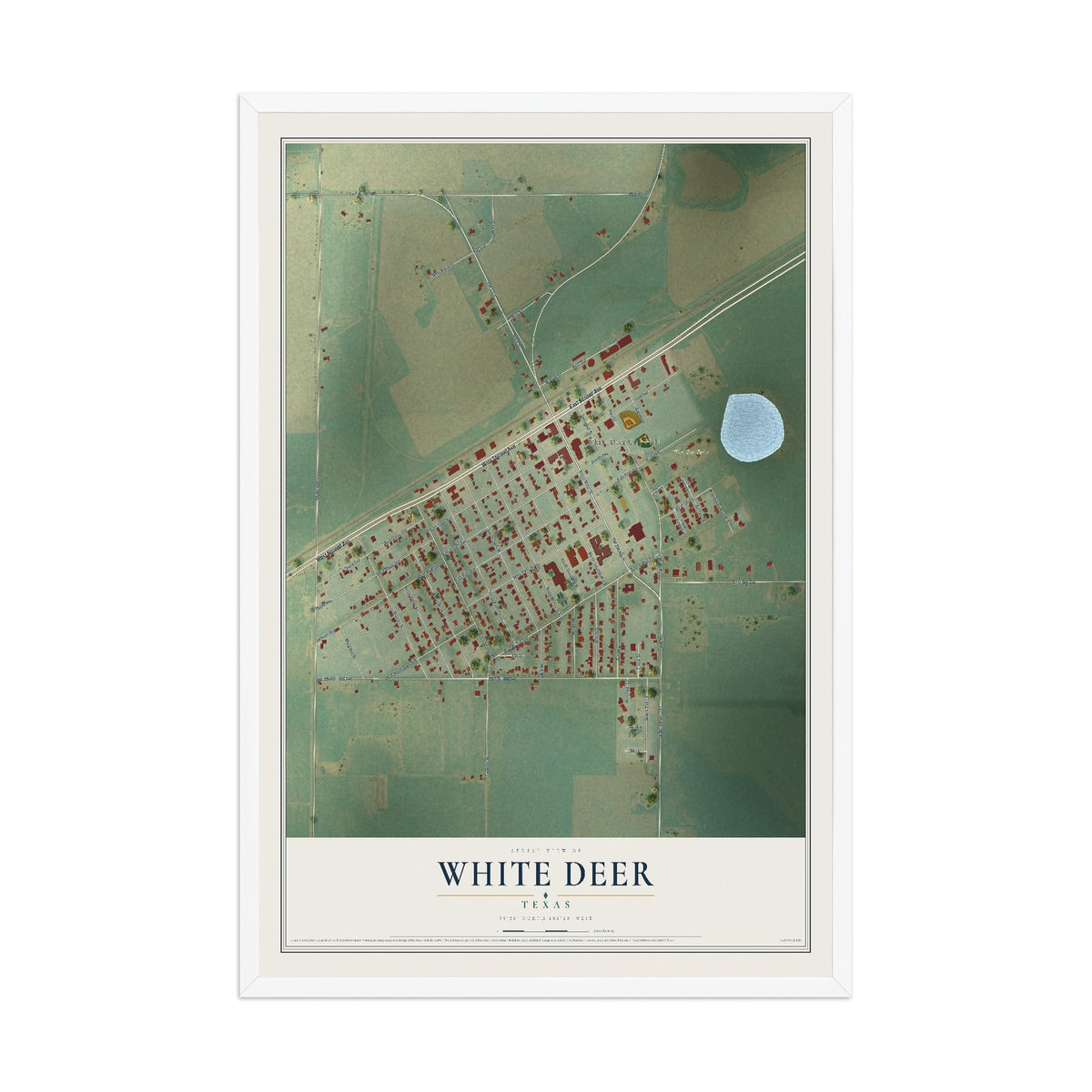 Map of White Deer, Texas, 12 x 18 inch print in a white wood frame