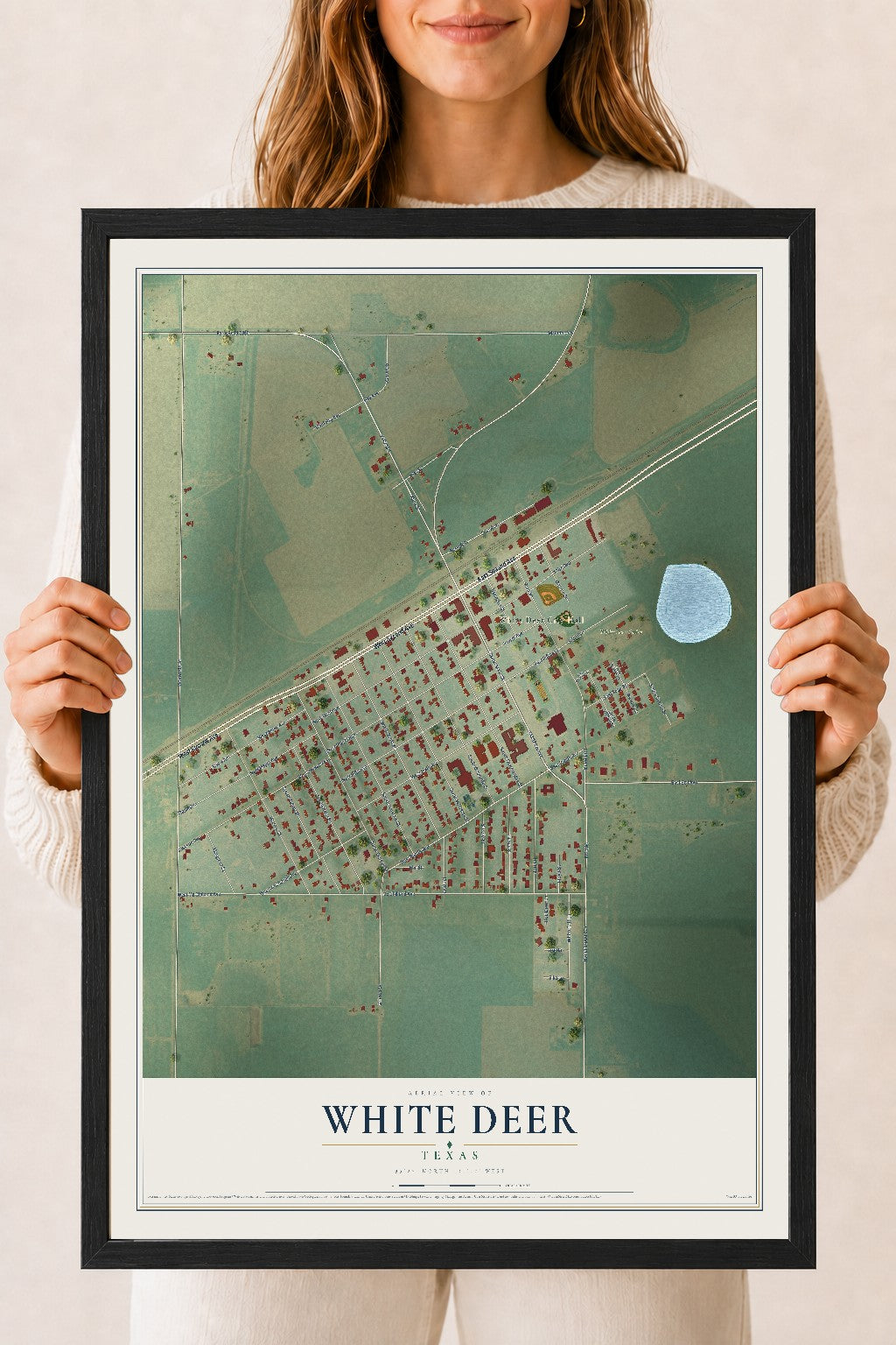 Map of White Deer, Texas, 18 x 24 inch print in a black wood frame