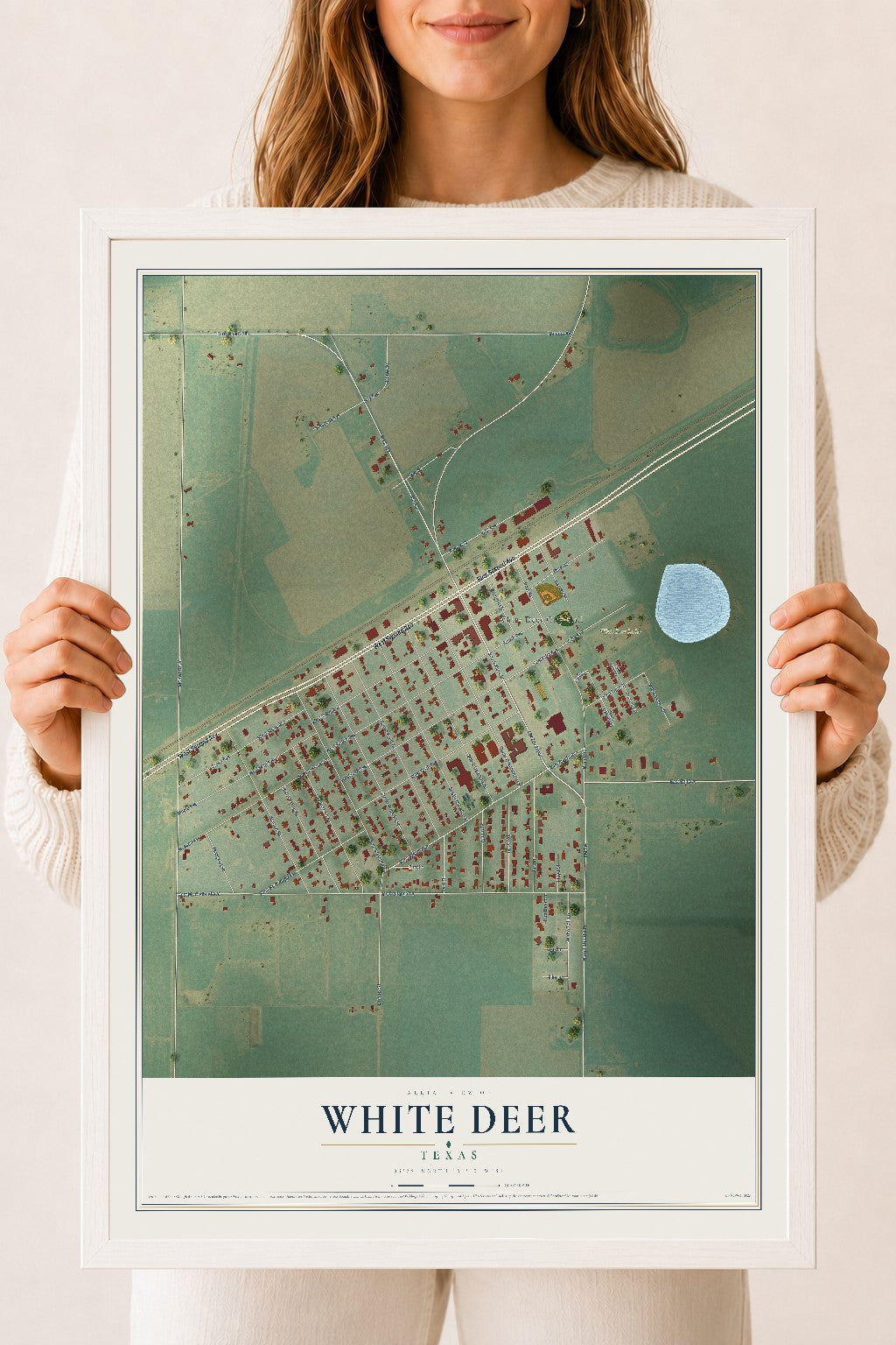 Map of White Deer, Texas, 18 x 24 inch print in a white wood frame