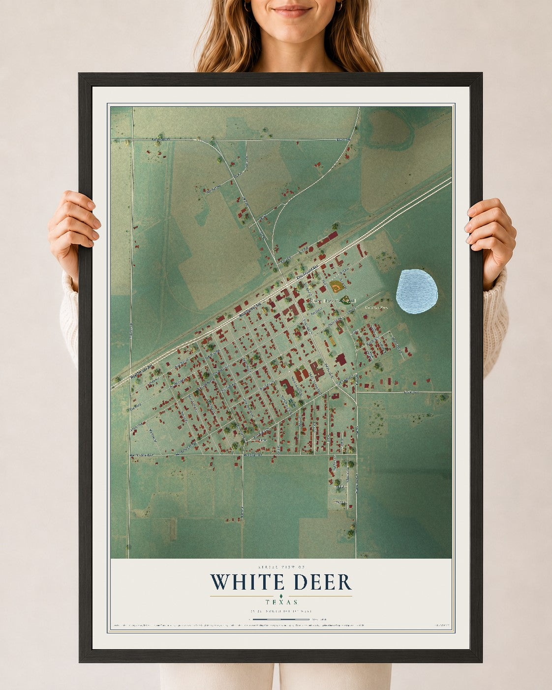 Map of White Deer, Texas, 24 x 36 inch print in a black wood frame