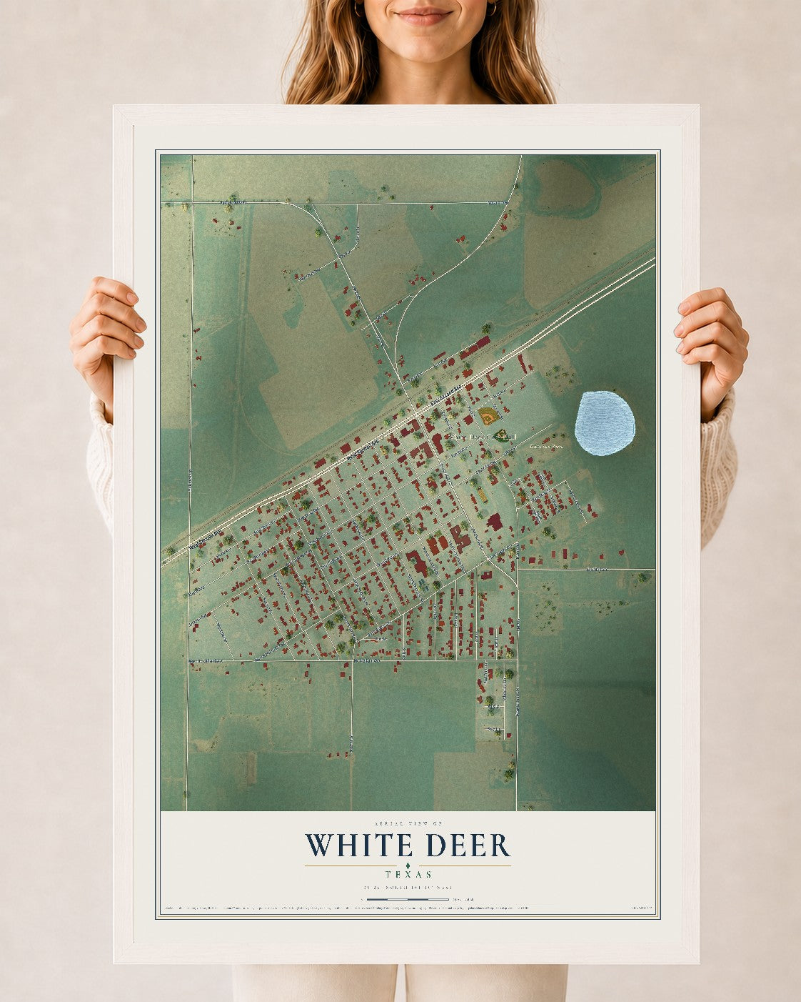 Map of White Deer, Texas, 24 x 36 inch print in a white wood frame