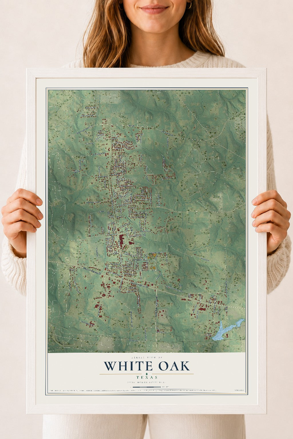 Map of White Oak, Texas, 18 x 24 inch print in a white wood frame