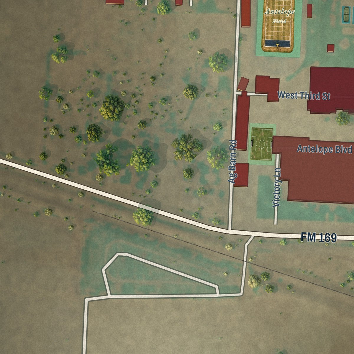 Second close-up of the map of Whiteface, Texas print showing more streets and buildings