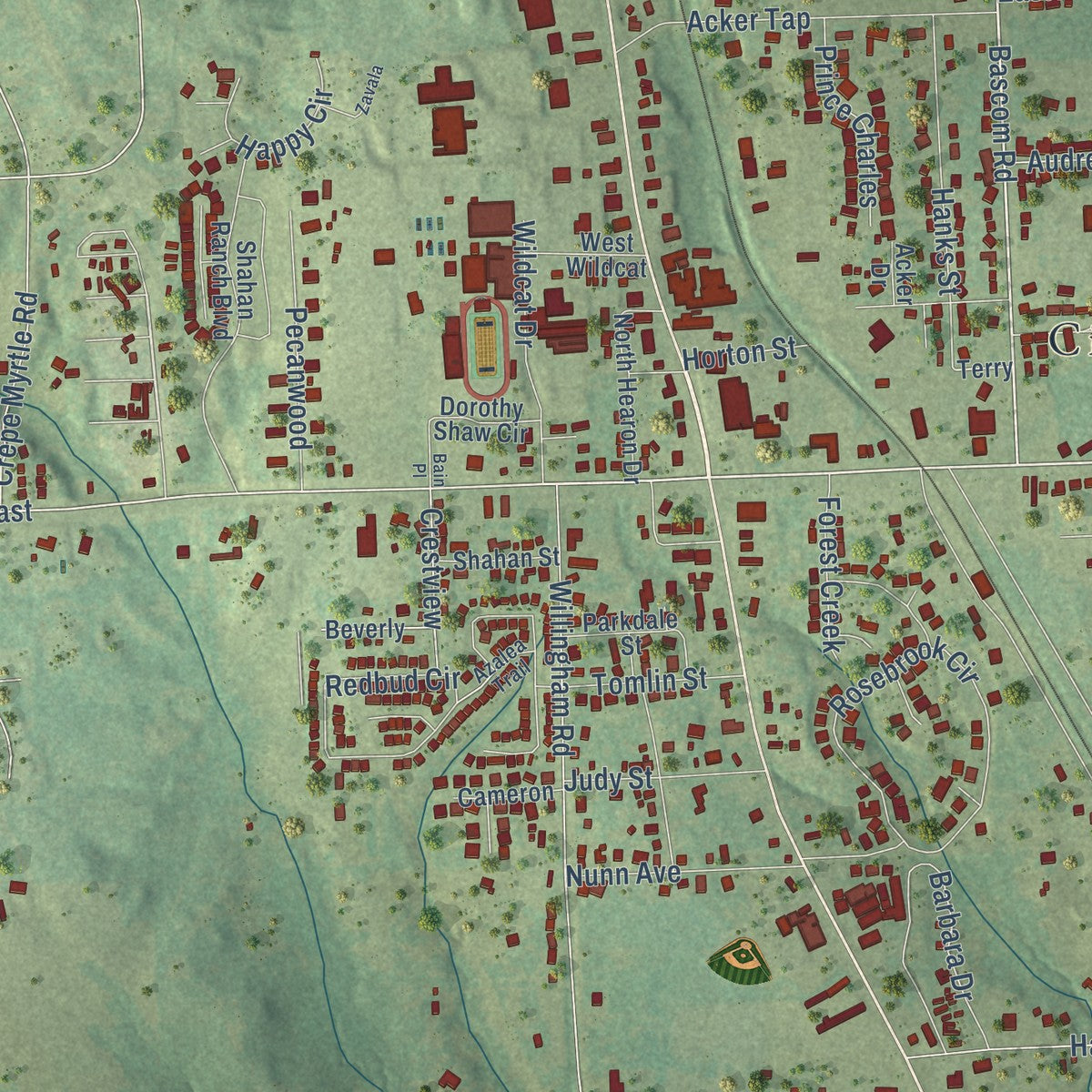 Close-up of the map of Whitehouse, Texas print showing street and building detail