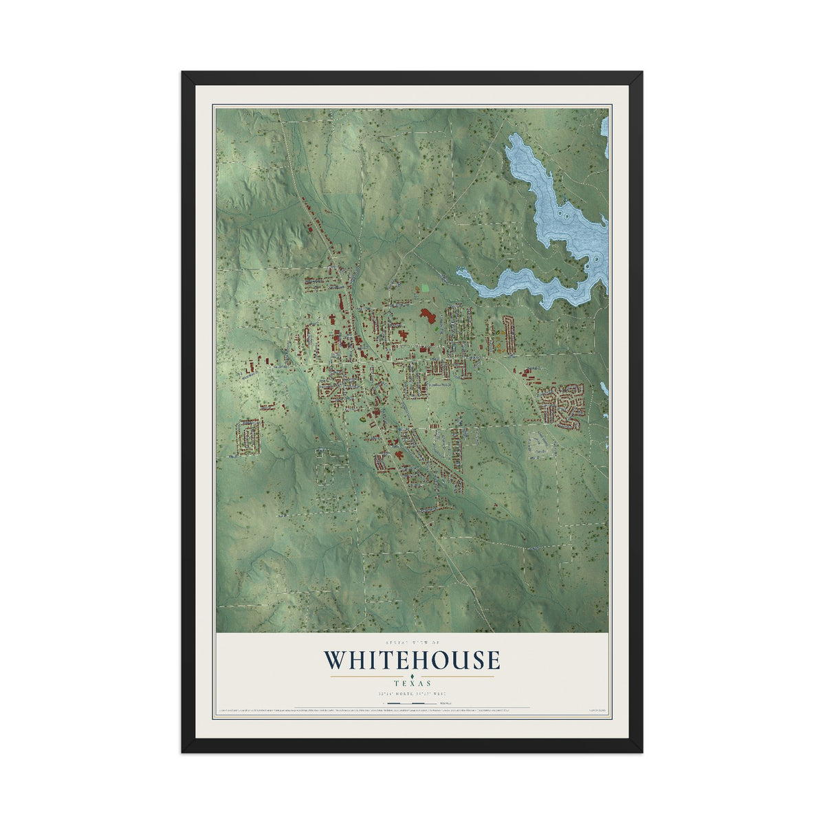 Map of Whitehouse, Texas, 12 x 18 inch print in a black wood frame