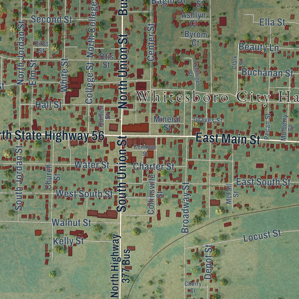 Close-up of the map of Whitesboro, Texas print showing street and building detail