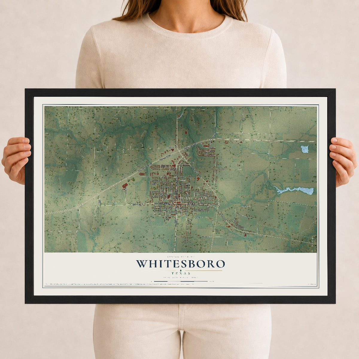 Map of Whitesboro, Texas, 12 x 18 inch print in a black wood frame