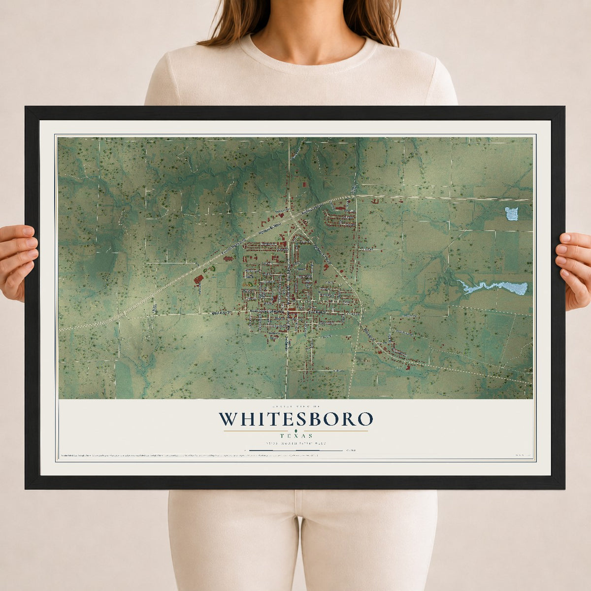 Map of Whitesboro, Texas, 18 x 24 inch print in a black wood frame