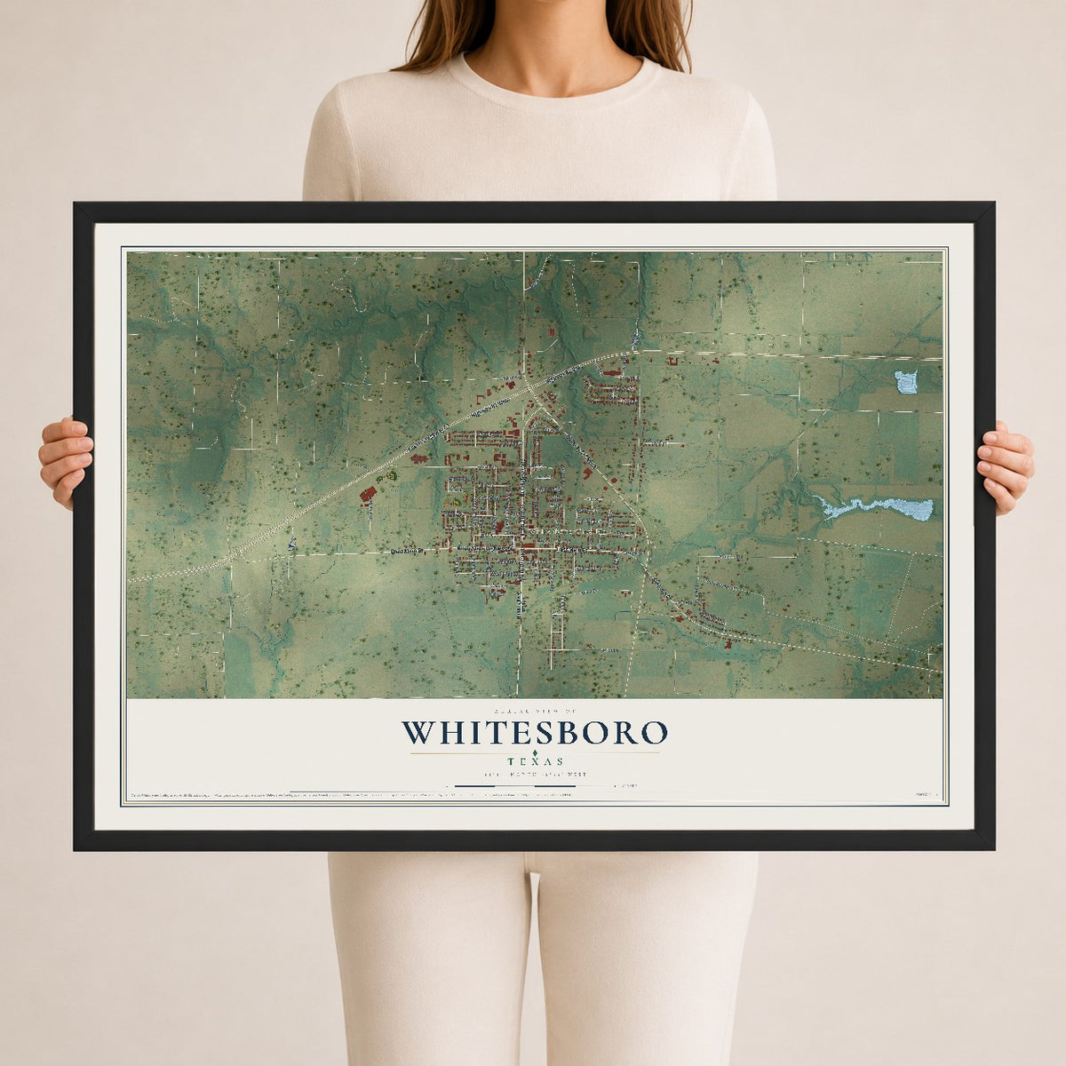 Map of Whitesboro, Texas, 24 x 36 inch print in a black wood frame