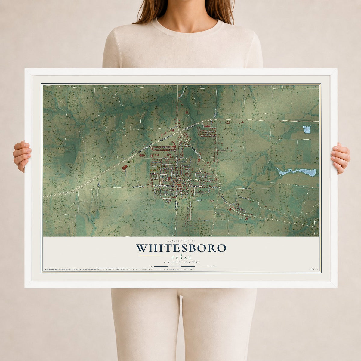Map of Whitesboro, Texas, 24 x 36 inch print in a white wood frame