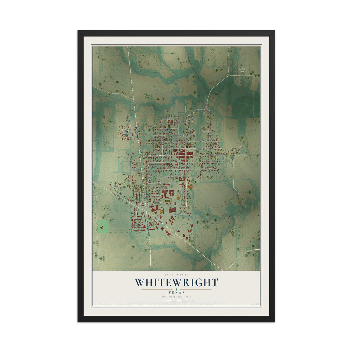 Map of Whitewright, Texas, 12 x 18 inch print in a black wood frame