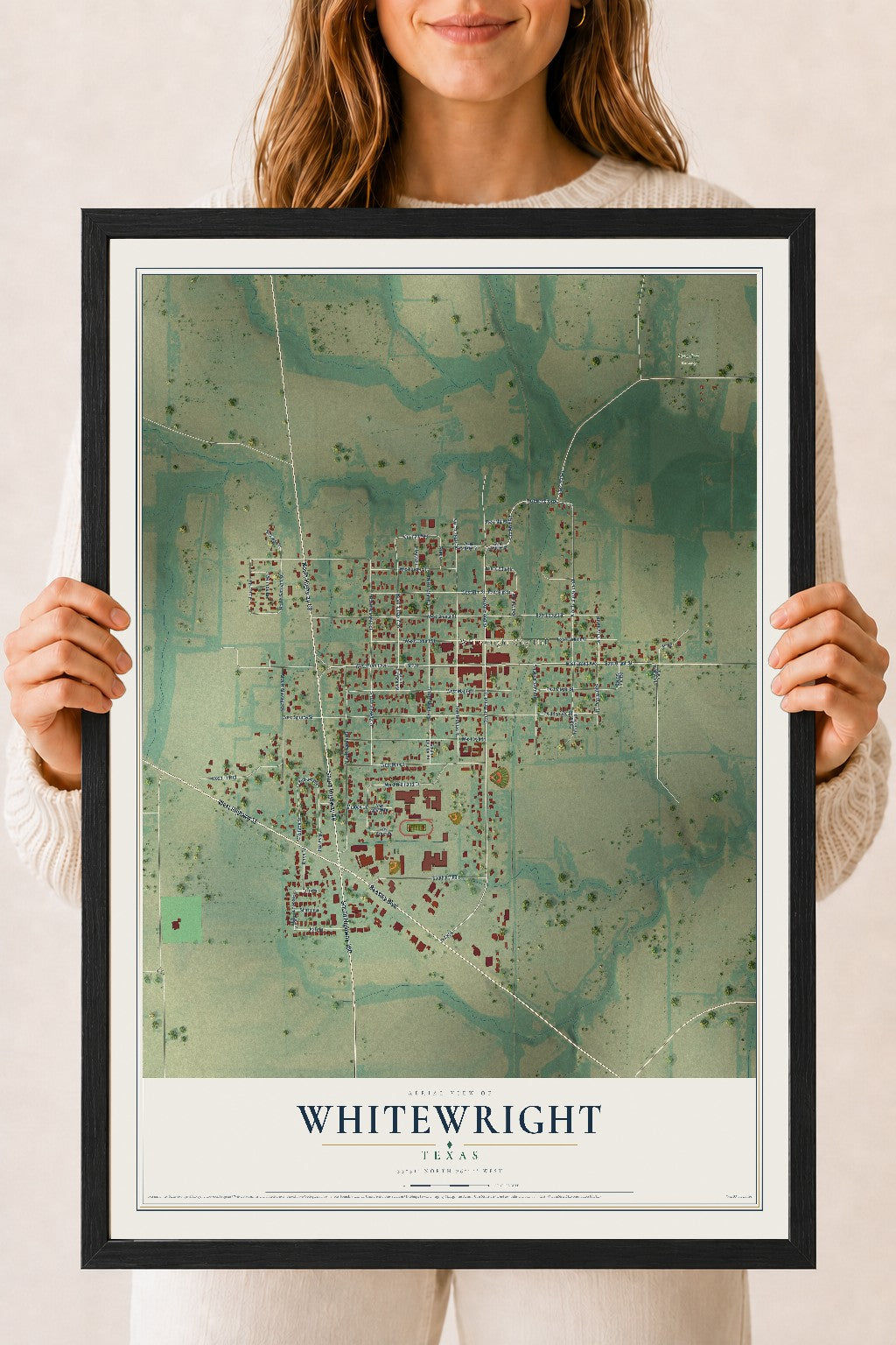 Map of Whitewright, Texas, 18 x 24 inch print in a black wood frame