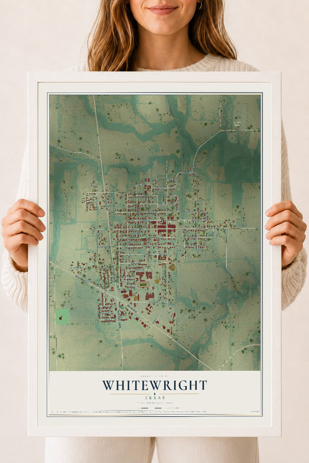 Map of Whitewright, Texas, 18 x 24 inch print in a white wood frame
