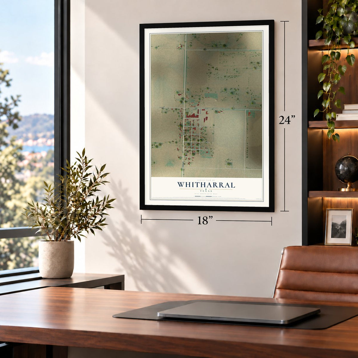 Whitharral, Texas map, 18 x 24 inch print in a black frame in a home office