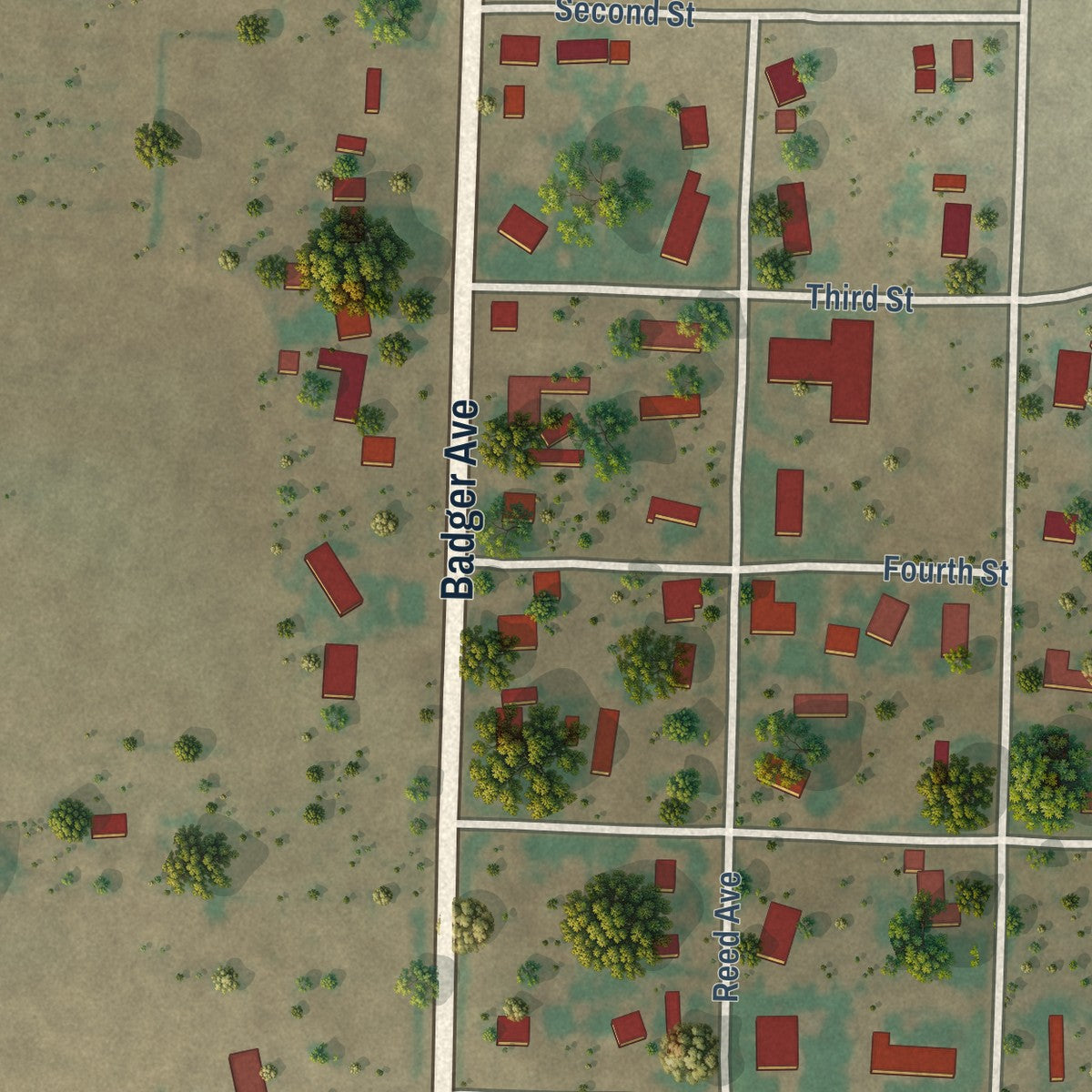 Close-up of the map of Whitharral, Texas print showing street and building detail
