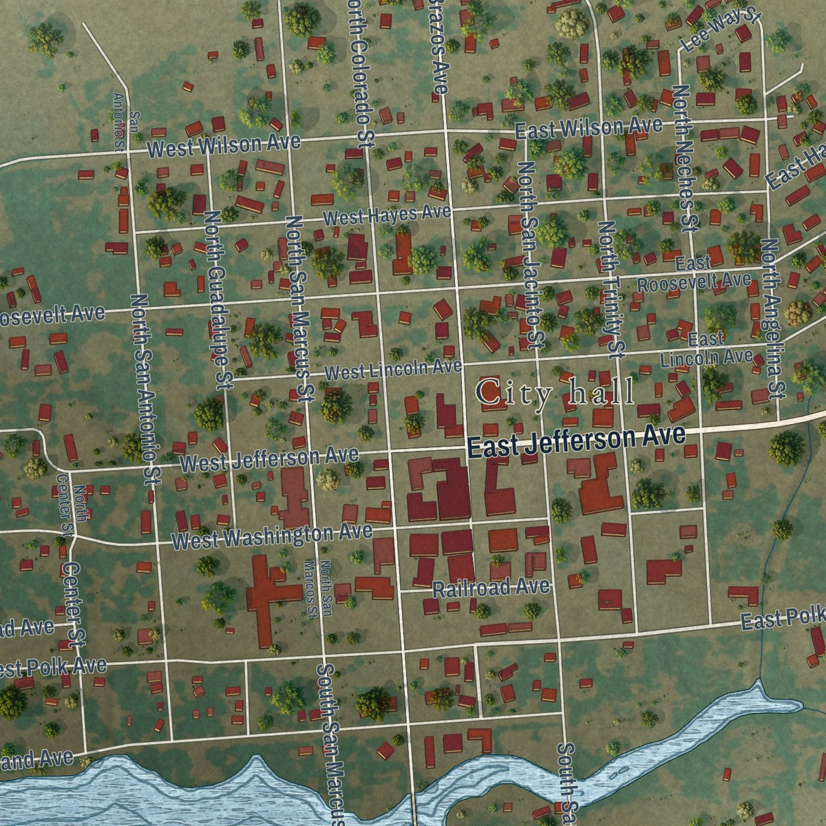 Close-up of the map of Whitney, Texas print showing street and building detail