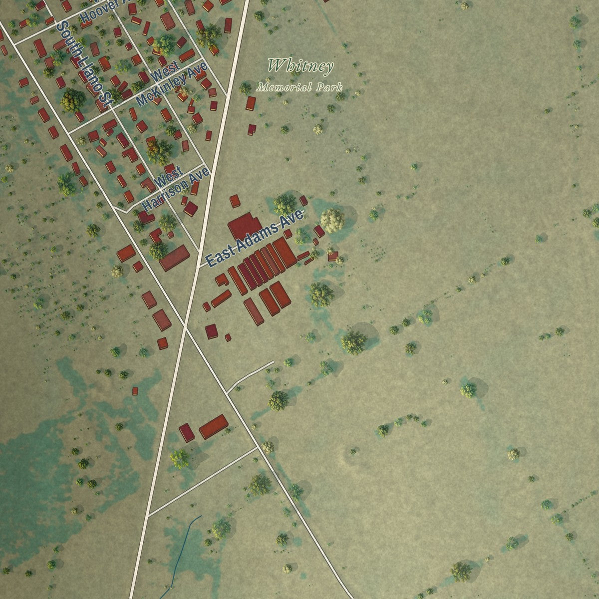Second close-up of the map of Whitney, Texas print showing more streets and buildings