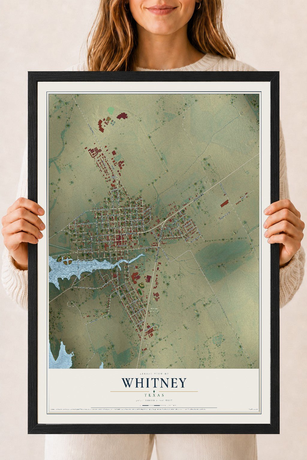 Map of Whitney, Texas, 18 x 24 inch print in a black wood frame