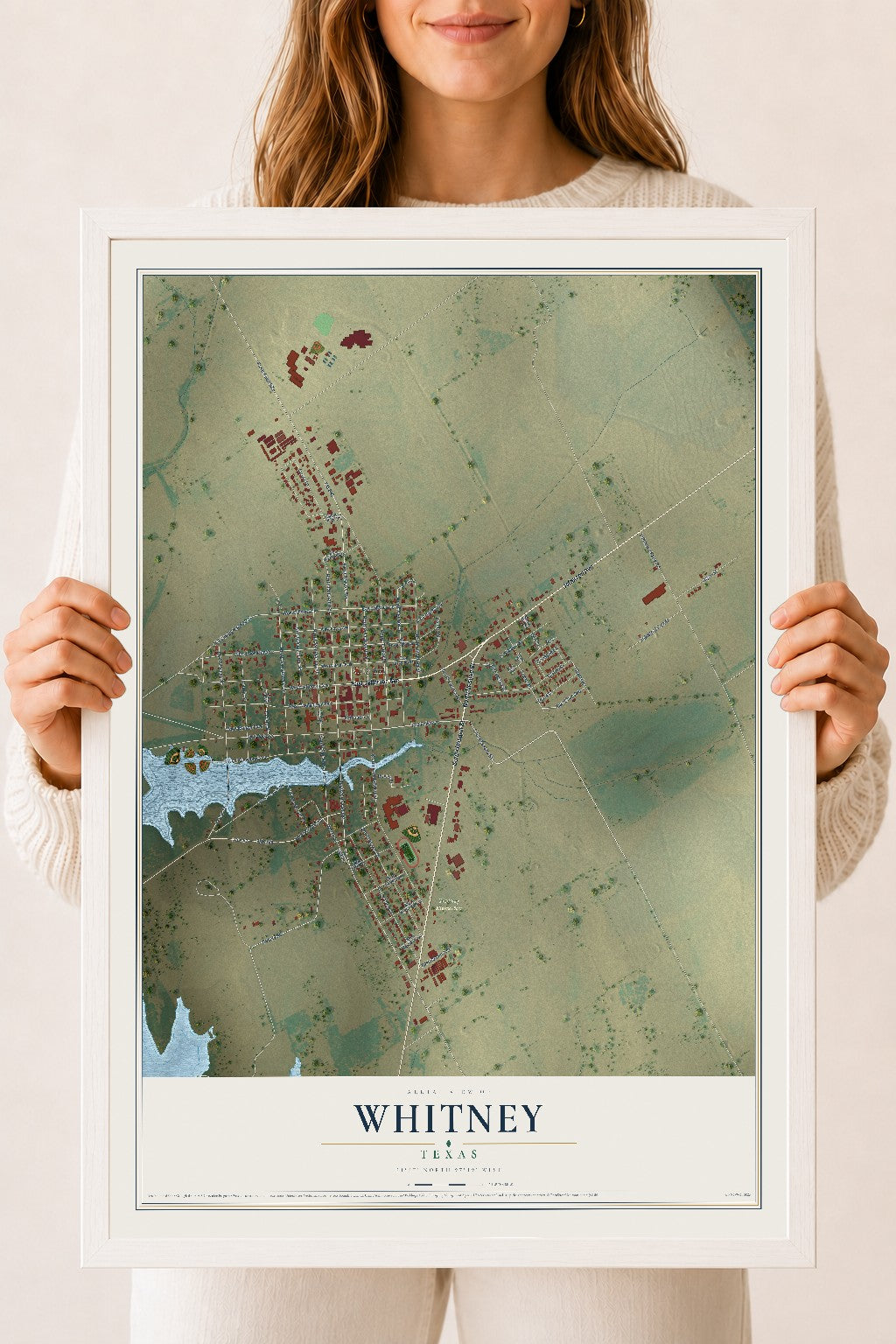 Map of Whitney, Texas, 18 x 24 inch print in a white wood frame