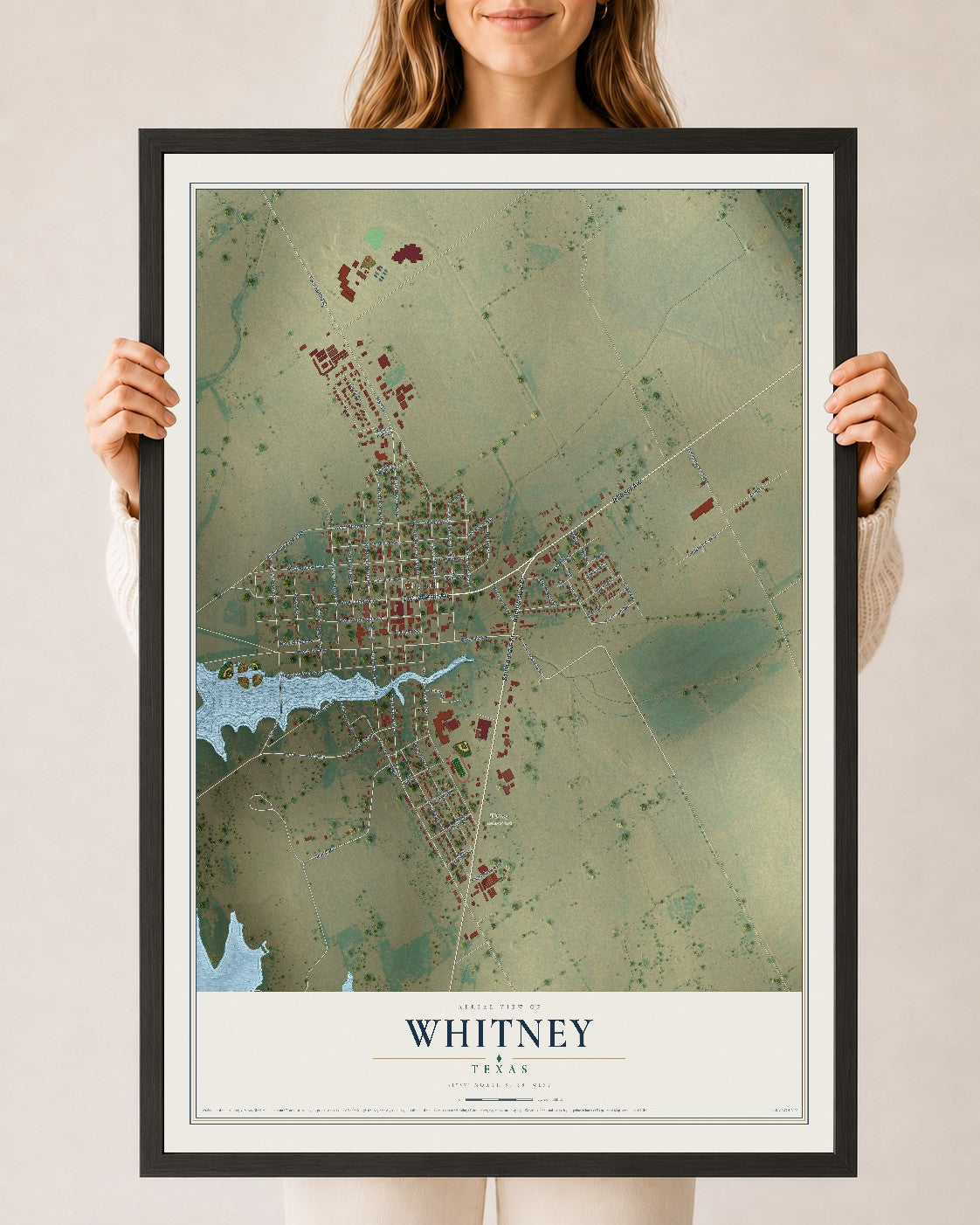 Map of Whitney, Texas, 24 x 36 inch print in a black wood frame