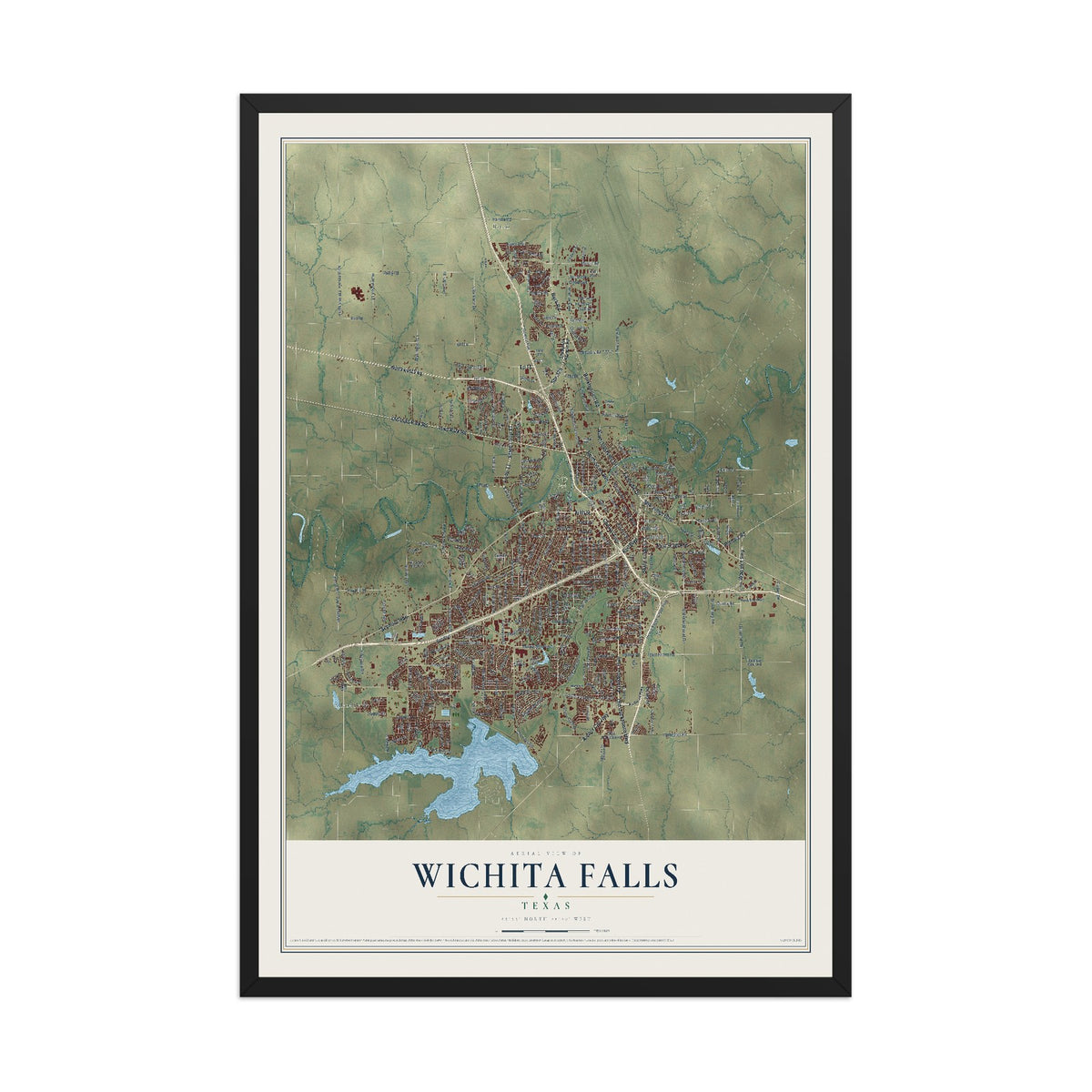 Map of Wichita Falls, Texas, 12 x 18 inch print in a black wood frame