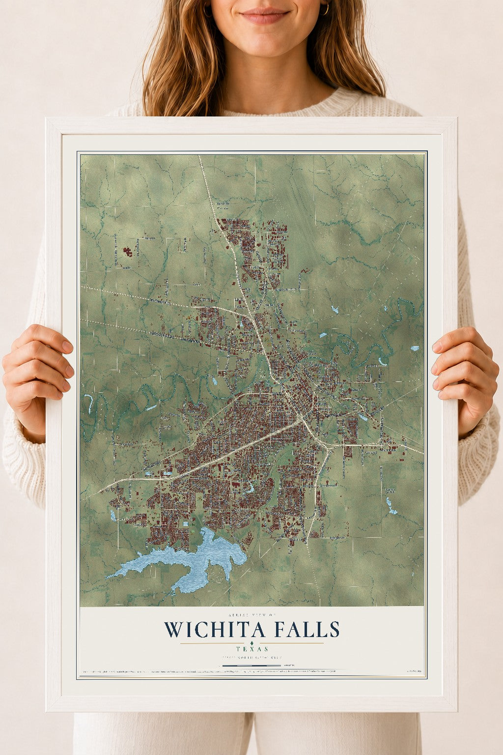 Map of Wichita Falls, Texas, 18 x 24 inch print in a white wood frame