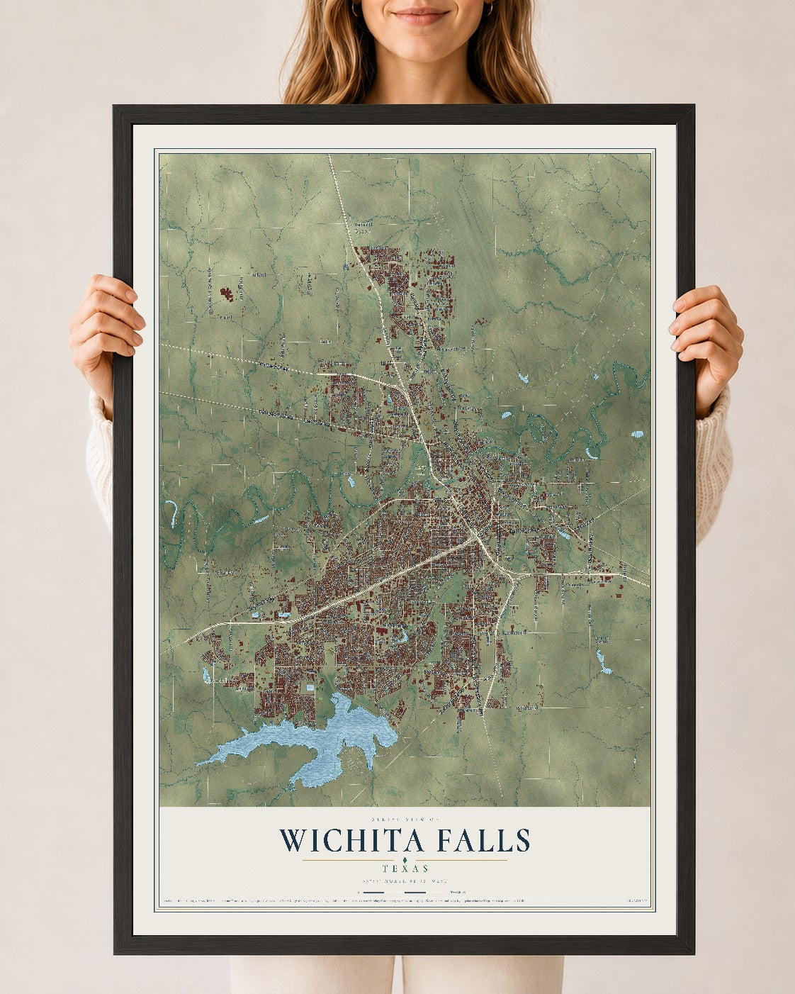 Map of Wichita Falls, Texas, 24 x 36 inch print in a black wood frame
